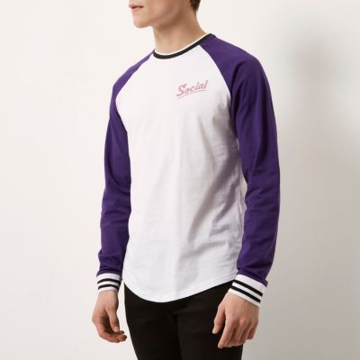 White and purple social print baseball top